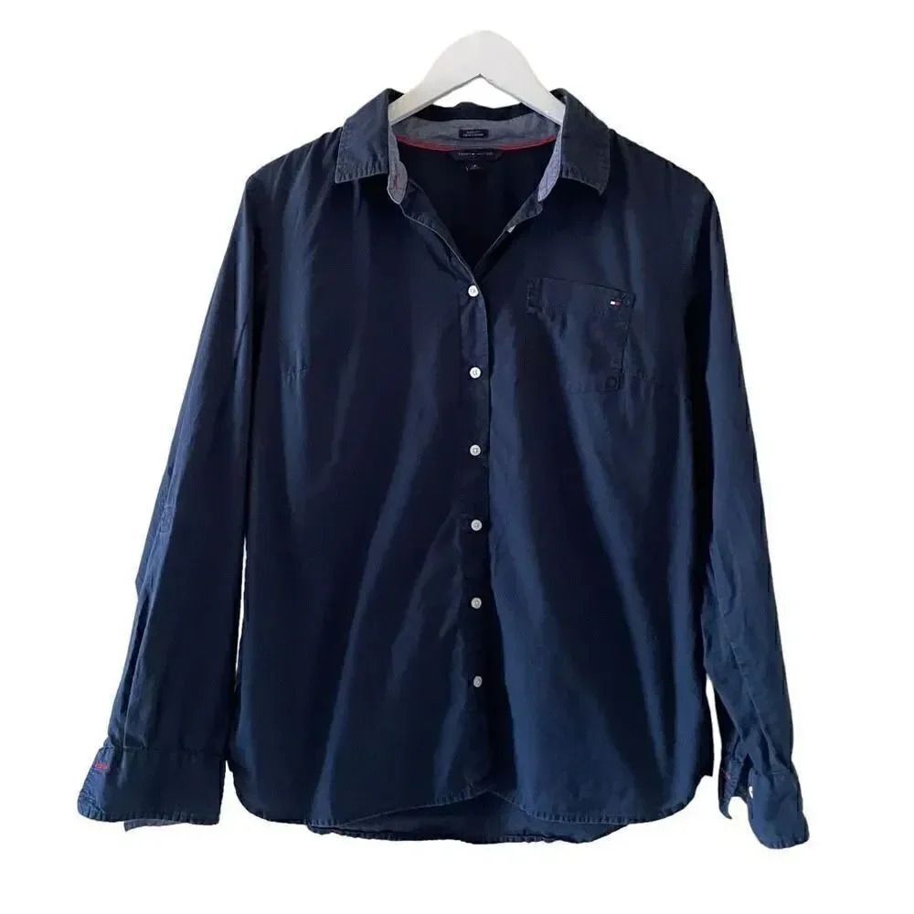 Tommy Hilfiger Classic Fit Navy long Sleeves Button Down Dress Casual SZ L #1297